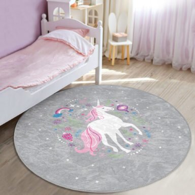 Gri Zeminde Unicorn Sevimli At Çocuk Odası Makinede Yıkanabilir Kaymaz Tabanlı Yuvarlak Kadife Halı