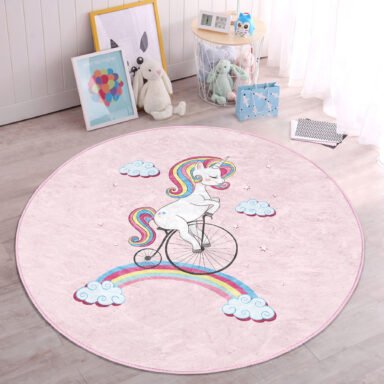 Bisiklete Binmiş Unicorn Desenli Çocuk & Genç Odası Yıkanabilir Kaymaz Tabanlı Yuvarlak Kadife Halı