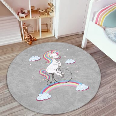 Gri Zeminde Bisiklet Ve Unicorn Tasarımlı Çocuk & Genç Odası Yıkanabilir Kaymaz Taban Yuvarlak Halı