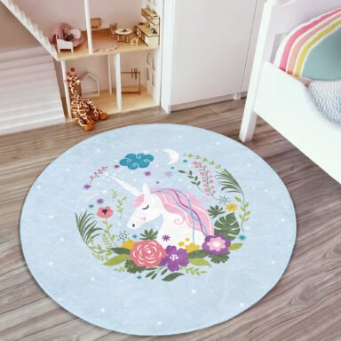 Mavi Zeminde Unicorn At Desenli Çocuk Odası Makinede Yıkanabilir Kaymaz Tabanlı Yuvarlak Kadife Halı
