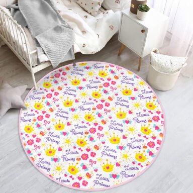 Little Princess Yazılı Çocuk Genç Odası Makinede Yıkanabilir Kaymaz Tabanlı Yuvarlak Kadife Halı