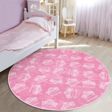 Prenses Tacı Motifli Çocuk & Genç Odası Makinede Yıkanabilir Kaymaz Tabanlı Yuvarlak Kadife Halı