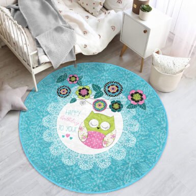 Baykuş Desenli Çocuk & Genç Odası Makinede Yıkanabilir Kaymaz Tabanlı Yuvarlak Kadife Halı