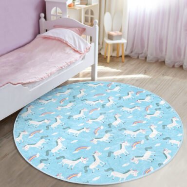 Mavi Zeminde Unicorn Desenli Çocuk Odası Makinede Yıkanabilir Kaymaz Tabanlı Yuvarlak Kadife Halı