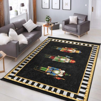 Renkli Asker Figürleri ile Süslenmiş Siyah Zeminli Şık Salon Halısı - Yıkanabilir, Kaymaz Taban