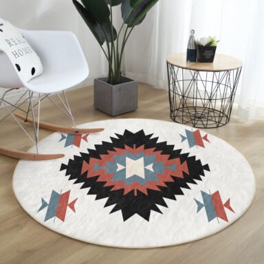 Kıvrımlı Motiflerle Bezenmiş Modern Desenli Yuvarlak Salon Halısı - Yıkanabilir Kaymaz Tabanlı