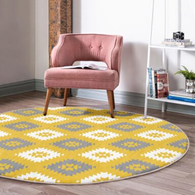 Sarı Geometrik Desenli El Dokuma Motifli Yuvarlak Salon Halısı - Kaymaz Taban, Yıkanabilir Özellikte