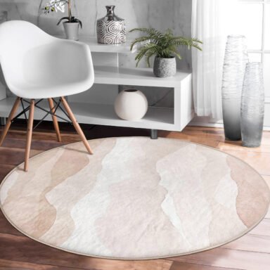 Doğal Tarzdaki Soft Pembe ve Beyaz Desenli Yıkanabilir Kaymaz Tabanlı Yuvarlak Salon Halısı