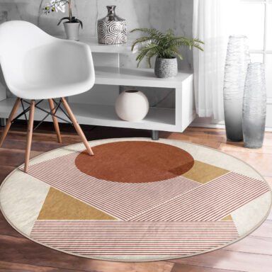 Düz Renklerle Şık Geometrik Desenli Yuvarlak Salon Halısı – Makinede Yıkanabilir Kaymaz Taban