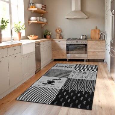 Çizgili Siyah Beyaz Motifli Modern Tasarımlı Mutfak Halısı - Yıkanabilir Kaymaz Tabanlı Dikdörtgen Halı
