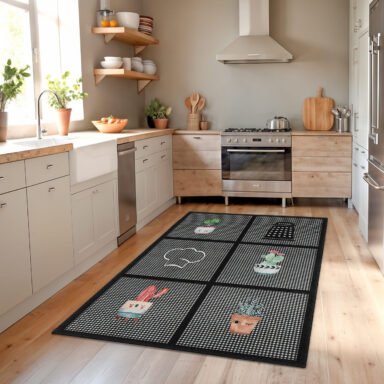 Çiçek Desenli Siyah Zeminli Şık Mutfak Halısı - Kaymaz Tabanlı Yıkanabilir Dikdörtgen Halı