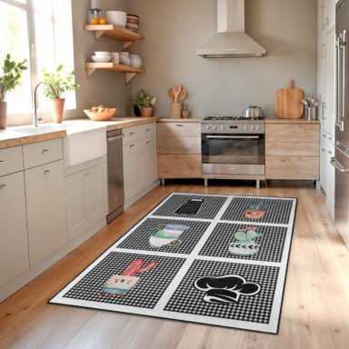 Siyah Beyaz Kare Desenli Mutfak Halısı - Modern Tarzda Dikdörtgen Yıkanabilir Kaymaz Tabanlı Halı