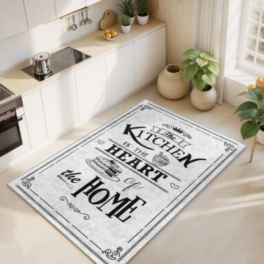 Siyah – Beyaz Retro Yazılı Motifli Yıkanabilir Kaymaz Taban Mutfak Halısı