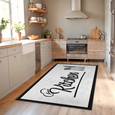 Mutfak Temalı Siyah – Beyaz Yazılı Vintage Desenli Dikdörtgen Yıkanabilir Kaymaz Taban Halı