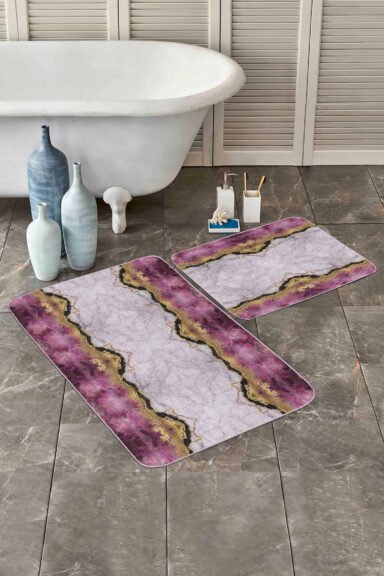 Mermer Tasarımlı Dijital Baskılı 2'li Kaymaz Tabanlı Banyo Paspas Takımı