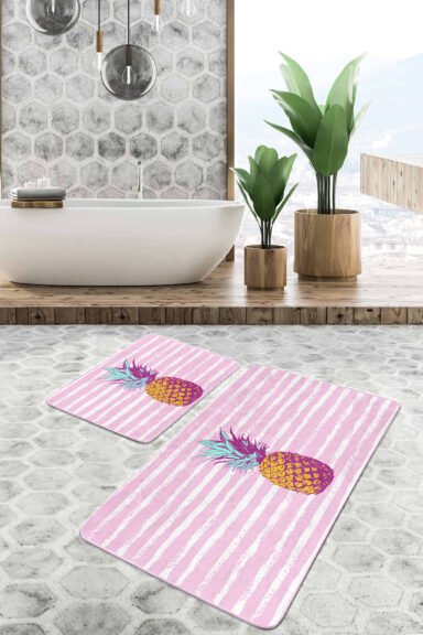 Düz Çizgili Ananas Motifli 2'li Kaymaz Tabanlı Banyo Paspas Takımı
