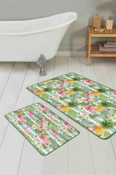 Ananas Flamingo Tasarımlı 2'li Kaymaz Tabanlı Banyo Paspas Takımı
