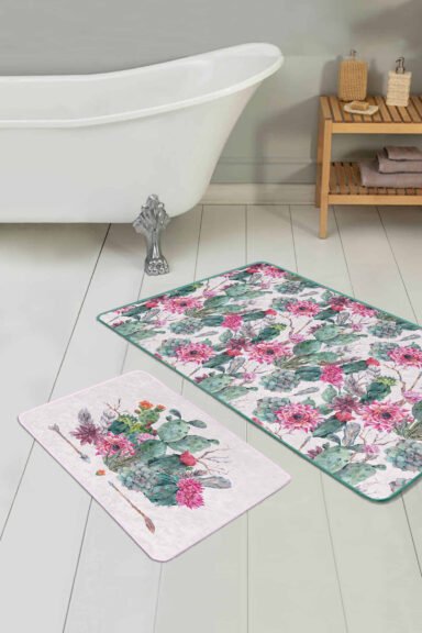 Kaktüs Özel Tasarım Dijital Baskı 2'li Kaymaz Tabanlı Banyo Paspas Takımı