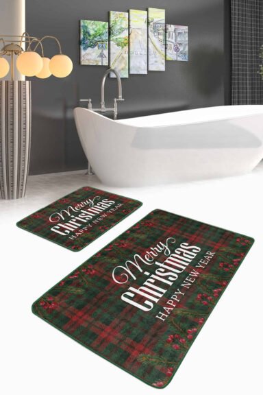 Mery Christmas Temalı 2'li Kaymaz Tabanlı Banyo Paspas Takımı