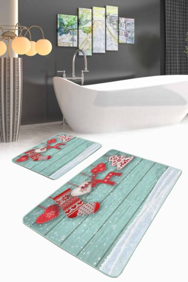 Yılbaşı Temalı Dijital Baskılı 2'li Kaymaz Tabanlı Banyo Paspas Takımı
