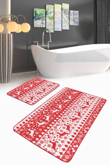 Beyaz Geyikler Dijital Baskılı 2'li Kaymaz Tabanlı Banyo Paspas Takımı