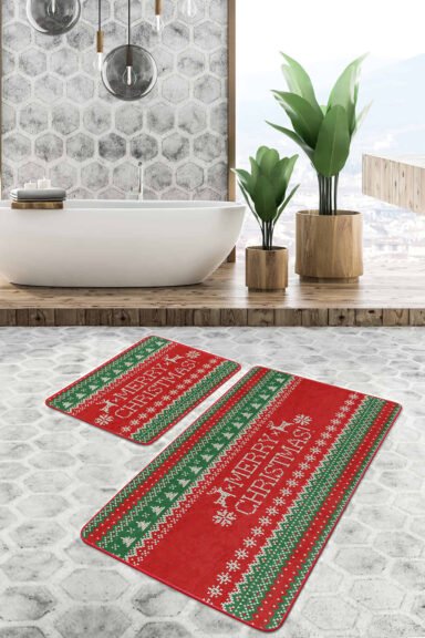 Mery Christmas Yılbaşı Temalı  2'li Kaymaz Tabanlı Banyo Paspas Takımı