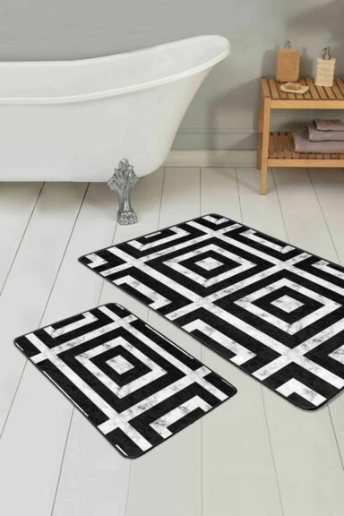 Kare Motifli Dijital Baskılı 2'li Kaymaz Tabanlı Banyo Paspas Takımı