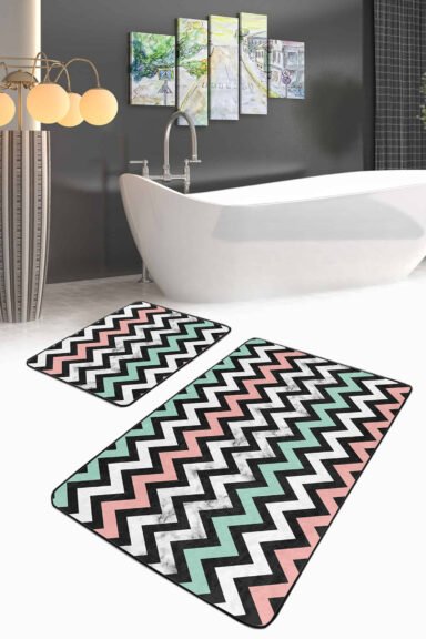 Zigzag Tasarımlı Dijital Baskılı 2'li Kaymaz Tabanlı Banyo  Paspas Takımı