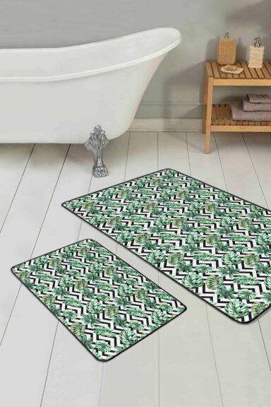 Tropik Yeşil Yapraklar 2'li Kaymaz Tabanlı Banyo Paspas Takımı