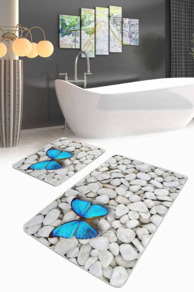 Mavi Kelebel Dijital Baskılı 2'li Kaymaz Tabanlı Banyo Paspas Takımı