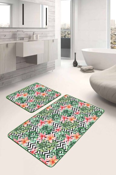 Tropik Yaprak Gül Motifli 2'li Kaymaz Tabanlı Banyo Paspas Takımı