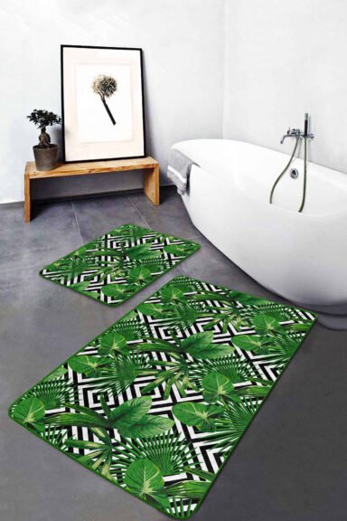 3d Tropik Yaprak 2'li Kaymaz Tabanlı Banyo Paspas Takımı