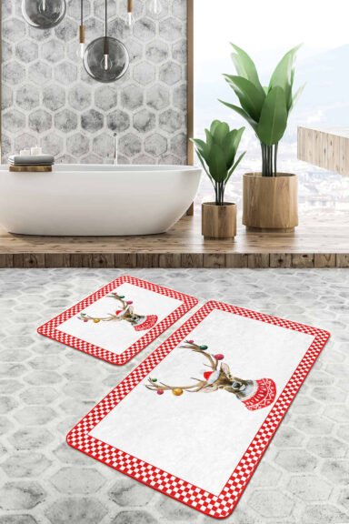 Çerçeveli Yılbaşı Temalı Geyik 2'li Kaymaz Tabanlı Banyo Paspas Takımı