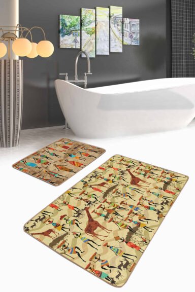 Etnik Afrika Figürlü Dijital Baskılı 2'li Kaymaz Tabanlı Banyo Paspas Takımı