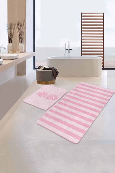 Pembe Çizgili Ananas Motifli 2'li Kaymaz Tabanlı Banyo Paspas Takımı