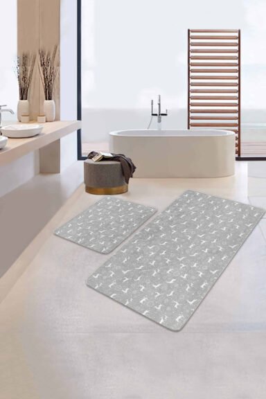 Geyik Desenli Özel Tasarım 2'li Kaymaz Tabanlı Banyo Paspas Takımı