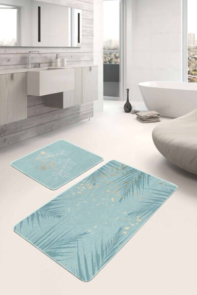 Mint Yeşili Temalı Yaprak Desenli 2'li Kaymaz Tabanlı Banyo Paspas Takımı