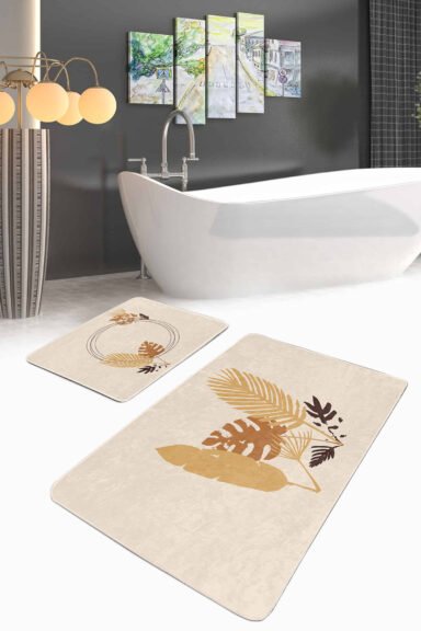 Tropik Yaprak Tasarımlı 2'li Kaymaz Tabanlı Banyo Paspas Takımı