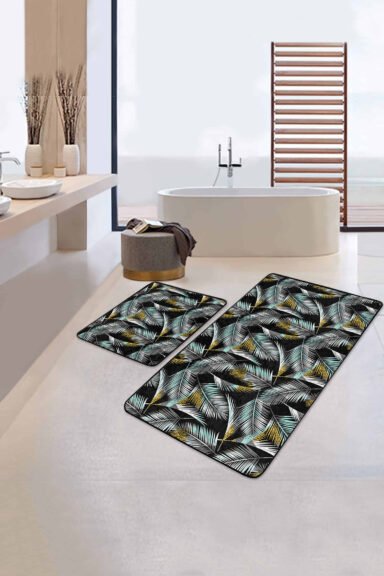 Gold Detay Tropik Yaprak Tasarım 2'li Kaymaz Tabanlı Banyo Paspas Takımı