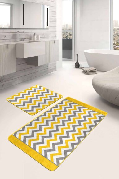 Geometrik Zigzag Motifli 2'li Kaymaz Tabanlı Banyo Paspas Takımı