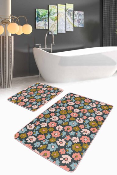 Renkli Çiçek Desenli Dijital Baskılı 2'li Kaymaz Tabanlı Banyo Paspas Takımı