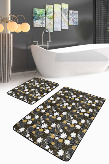 Sonbahar Yaprakları Dijital Baskılı 2'li Kaymaz Tabanlı Banyo Paspas Takımı