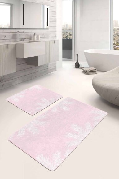 Beyaz Tropik Yaprak Motifli 2'li Kaymaz Tabanlı Banyo Paspas Takımı