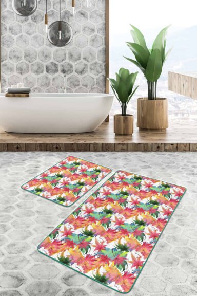Sonbahar Yaprakları Özel Tasarım 2'li Kaymaz Tabanlı Banyo Paspas Takımı