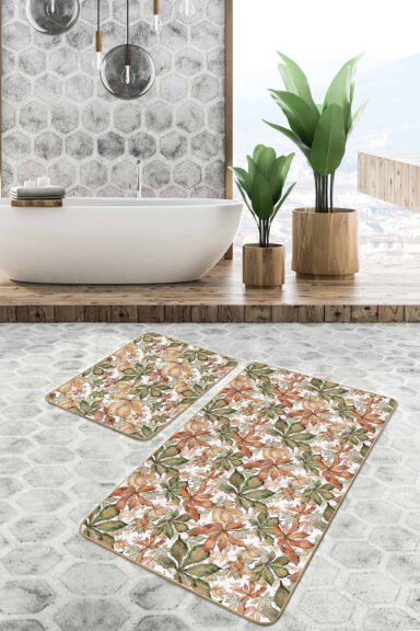 Kahve Yeşil Sonbahar Yaprakları 2'li Kaymaz Tabanlı Banyo Paspas Takımı
