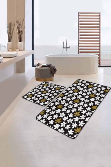 Gold Detaylı Beyaz Yaprak Motifli 2'li Kaymaz Tabanlı Banyo Paspas Takımı