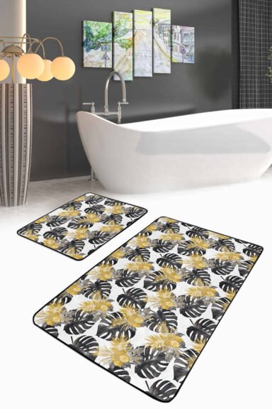 Gold Detaylı Tropik Yapraklar 2'li Kaymaz Tabanlı Banyo Paspas Takımı