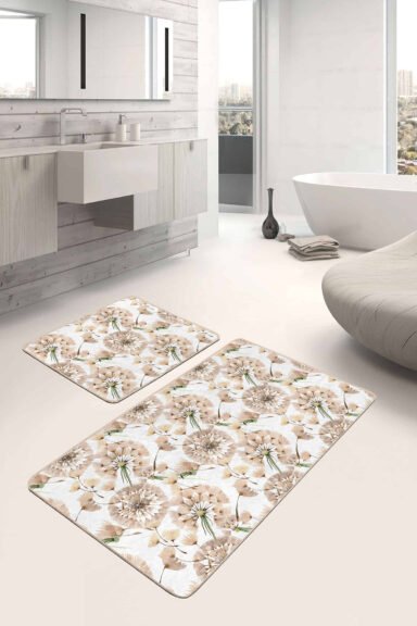 Karahindiba Temalı Dijital Baskılı 2'li Kaymaz Tabanlı Banyo Paspas Takımı