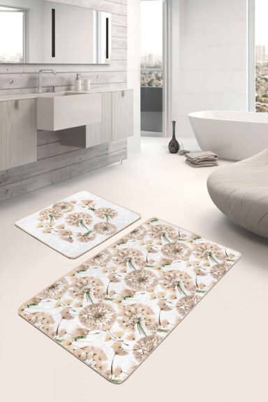 Karahindiba Temalı Dijital Baskılı 2'li Kaymaz Tabanlı Banyo Paspas Takımı