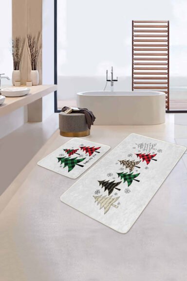 Yılbaşı Temalı Çam Ağacı Motifli 2'li Kaymaz Tabanlı Banyo Paspas Takımı